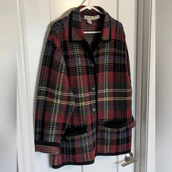90s Eddie Bauer Lambswool Plaid Holiday Sweater Coat sz L - Picture 2 of 5